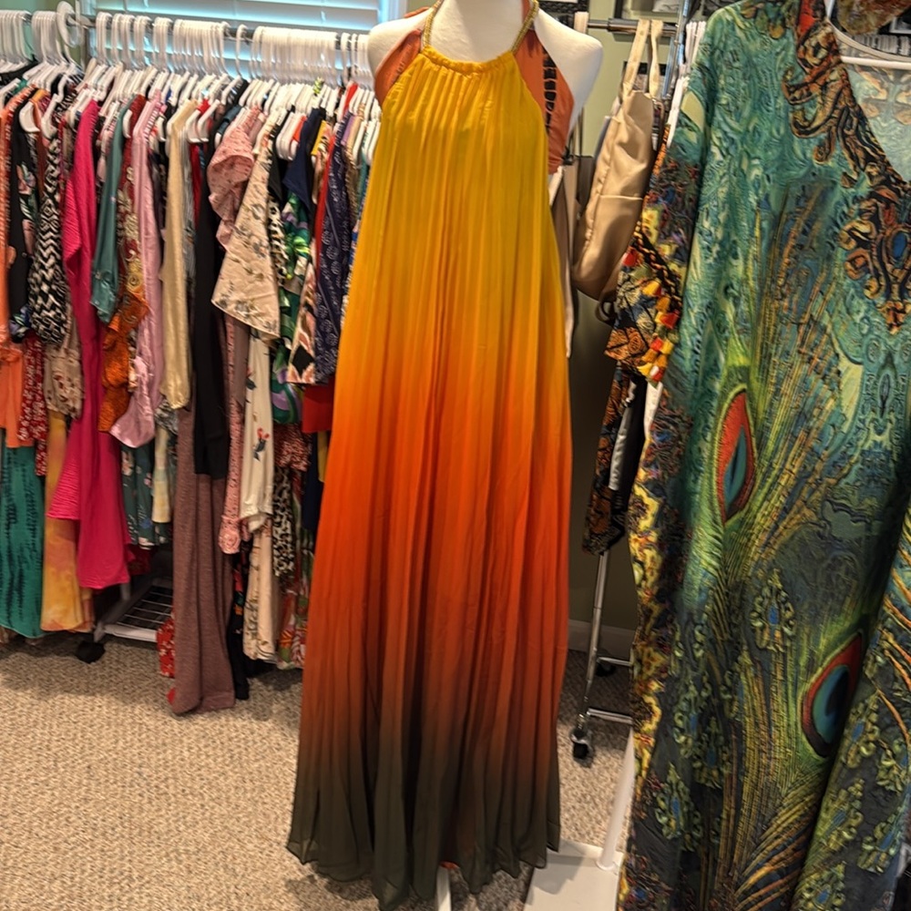 Halter Pleated Ombre Maxi Dress in Yellow, Orange & Green - Picture 4 of 4